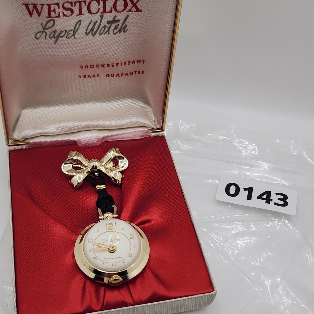 Vintage Westclox Lapel Watch Bow Pin Pocket‎ Pendant Necklace Purse Boxed READ - Picture 7 of 8